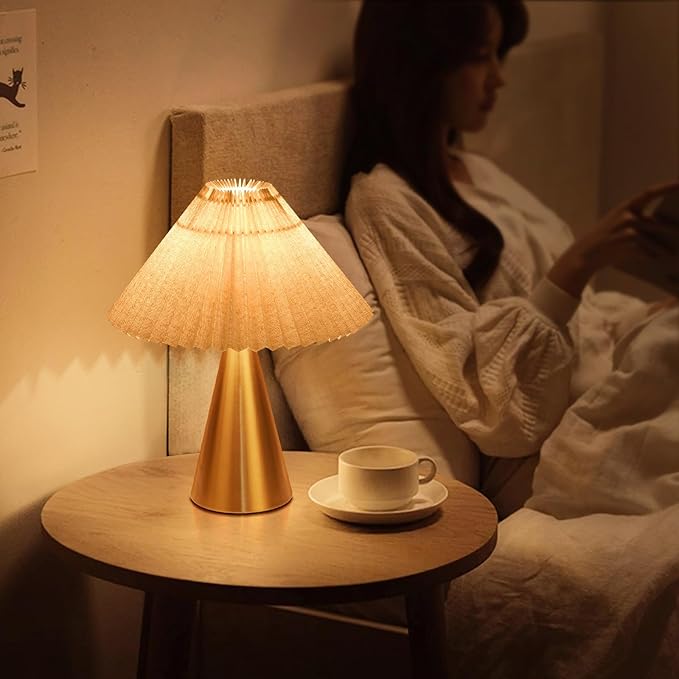 Gold Small Table Lamp, Cute Table Lamp, Pleated Table Lamp,Brass Gold Bedroom Lamps for Nightstand, Small Scalloped Lamp Shade Table Lamps for Small Spaces for Bedroom,Living Room