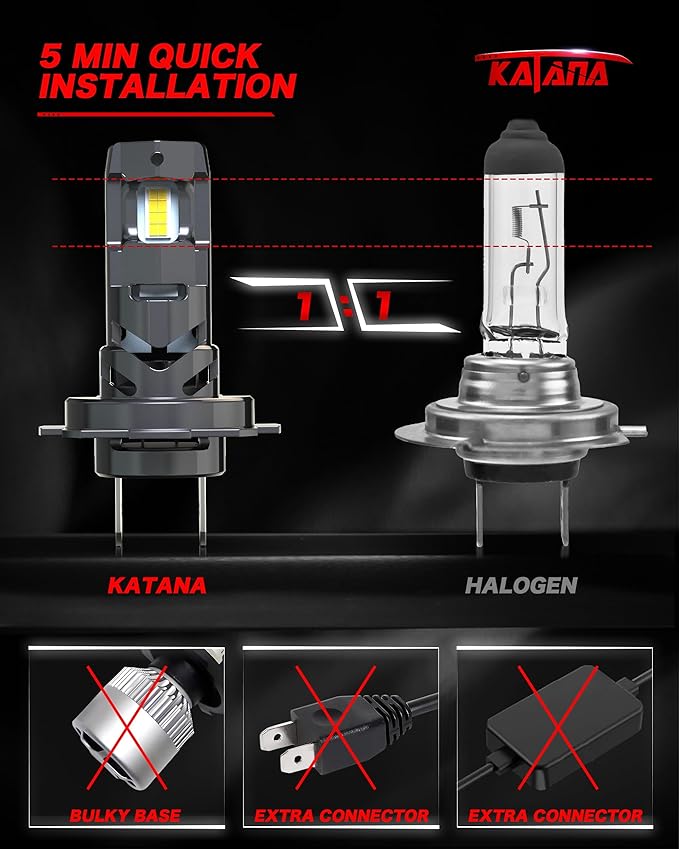 Katana H7 Light Bulbs,No Adapter Required 400% Brightness 6500K White Non-polarity Plug and Play Mini Size Fog Bulb of 2