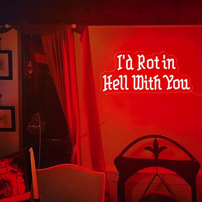 I’d Rot in Hell with You Neon Sign, Amigo the Devil Wedding Neon Sign, Gothic Home Decor, Unique Couple’s Neon Light for Weddings, Anniversary, and Dark-Themed Rooms 22.8"×10.4"
