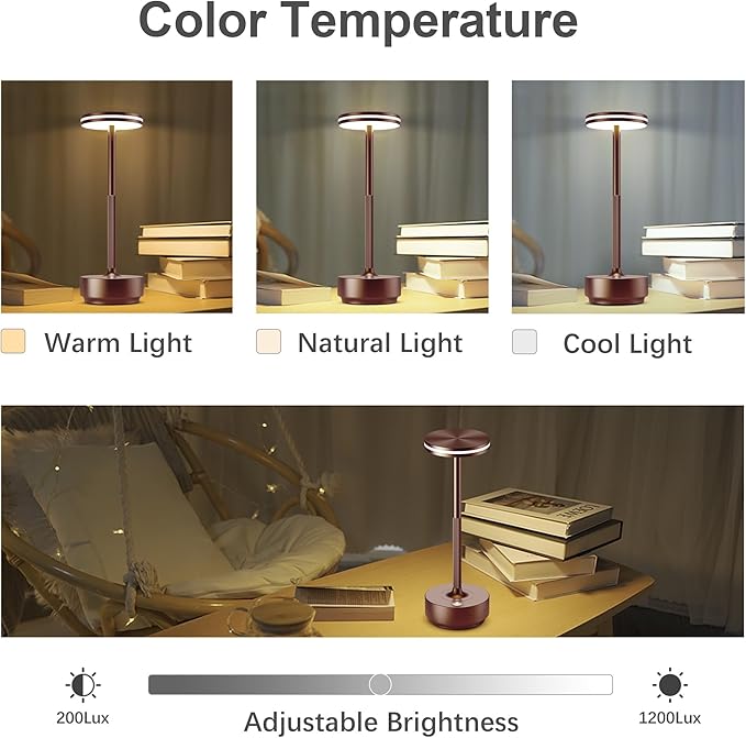 Hapfish Rechargeable Cordless Table Lamps, 5000mAh Battery Operated Lamp, 3 Color Modes, Dimmable, LED Table Lamps for Living Room,Outdoor, Dinner,Patio,Restaurant – Brown