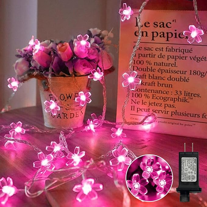 LAMPHOME Pink Flower String Lights, 33ft 100 LED Cherry Blossom Plug in Easter Christmas Tree Hanging Fairy Lamp, 16funstions Garden Bedroom Indoor Decorations for Fence, Wedding Birthday Party