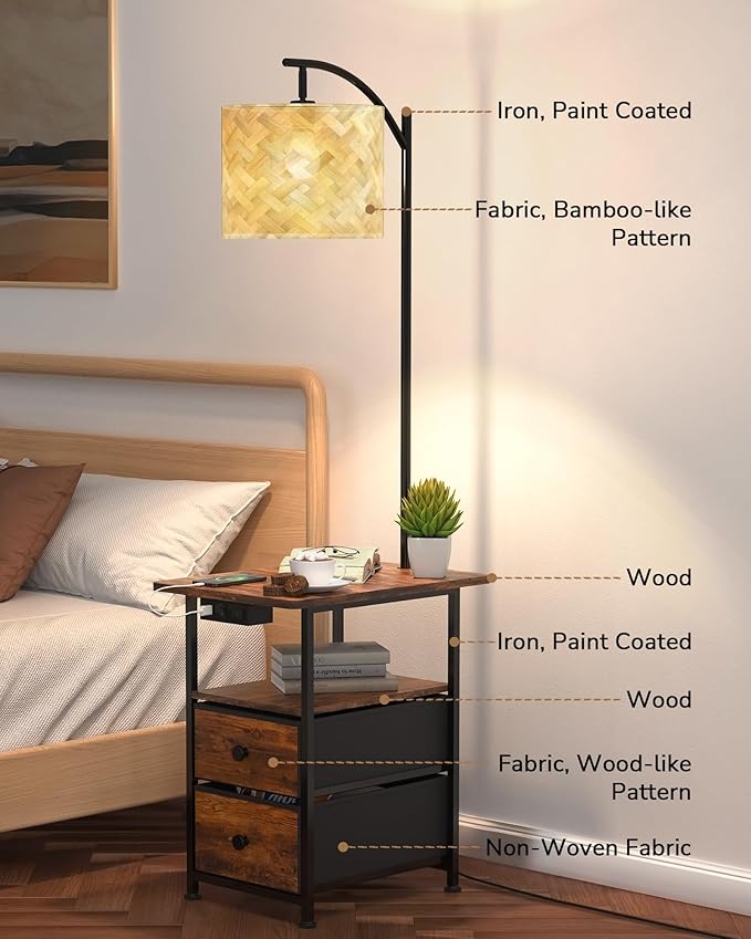 JACKYLED Floor Lamp with Table & 2 Drawers, 3 Color Temperature End Table Flood Lamps with Charging Station (USB, Type-C, AC), Vintage Side Table with Lamp for Reading, Bedroom, Living Room