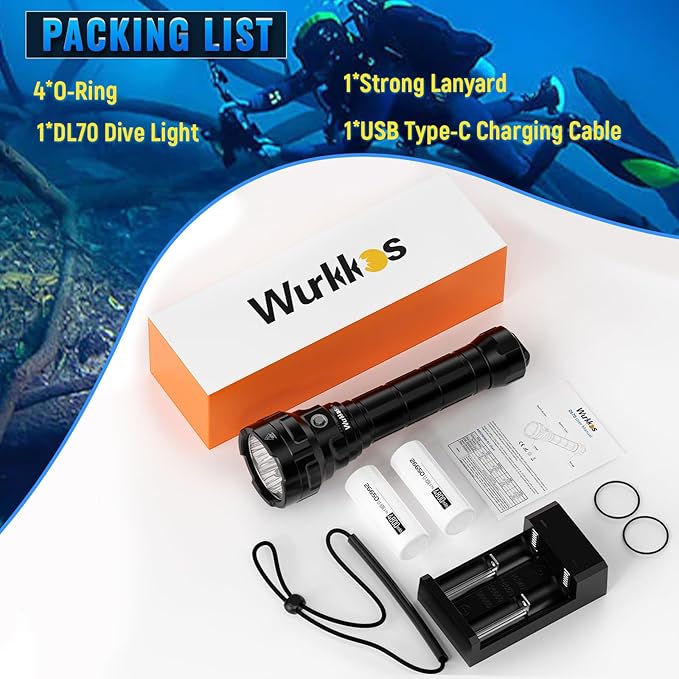 Wurrkos DL70 Dive Light,13000 Lumen Super Bright Scuba Diving Light with 4pcs Led Dive Lights,IPX8 Waterproof Dive Torch Underwater 328ft,4 Mode Night Dive Flashlight for Submarine Deep Sea Cave