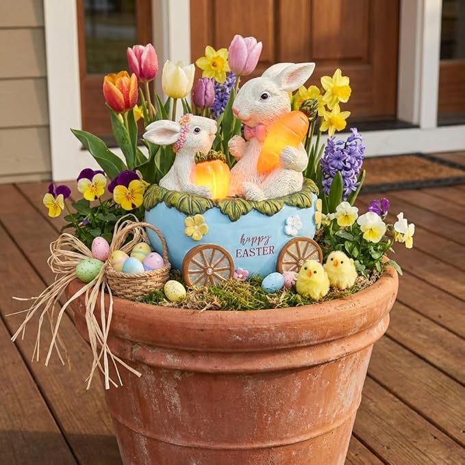 TERESA'S COLLECTIONS Easter Decorations Outdoor with Solar Lights, Easter Bunny and Egg Decor Outdoor, Waterproof Resin Lighted Garden Statue