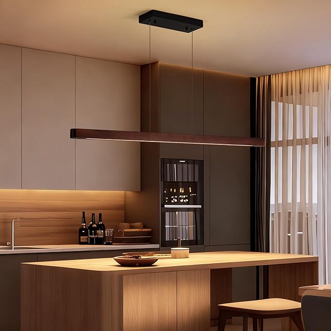 43" Wood Linear Pendant Light, Dimmable Kitchen Island Lighting with Remote, 24W LED Hanging Pendant Light, Adjustable Linear Chandelier for Dining Room, Kitchen Island, Bar, Office-Walnut