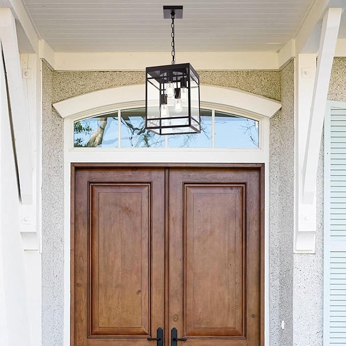 4-Light Outdoor Pendant Lights for Porch, Oil Rubbed Bronze Outdoor Chandelier 15.7'' Exterior Hanging Porch Light Fixtures w/Clear Glass, Waterproof Outside Pendant Lantern for Garage Foyer