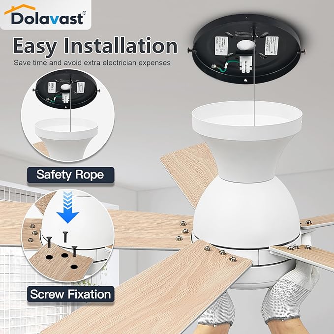 Ceiling Fans with Lights, 42 Inch Low Profile Ceiling Fan with Light and Remote Control, Flush Mount, Reversible, 3CCT, Dimmable LED, Quiet, White Ceiling Fan for Bedroom, Kitchen