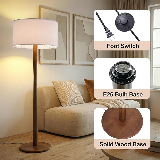 62" Tall Rustic Wood Floor Lamp for Living Room, Farmhouse Walnut Wood Floor Lamps with Linen Shade for Reading, UL Listed Stand Lamps with Woods Base for Bedroom, Corner, Office, White Shade
