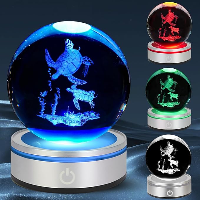 3D Sea Turtle Crystal Ball Night Light with LED Colorful Lighting Touch Base 3.15 in Sea Turtle Glass Sphere Lamp for Birthday Christmas, Cool Turtle Figurine Home Decor Gift for Women Men Kids