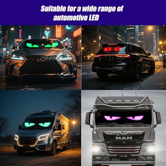 1 Pack 69.4"x7.6" LED Devil Eyes Light Sign for Cars, Truck Windshield LED Eyes, Programmable via App/Remote Control, USB-Powered Flexible Panel, Custom Dynamic Patterns for SUVs, Medium Trucks