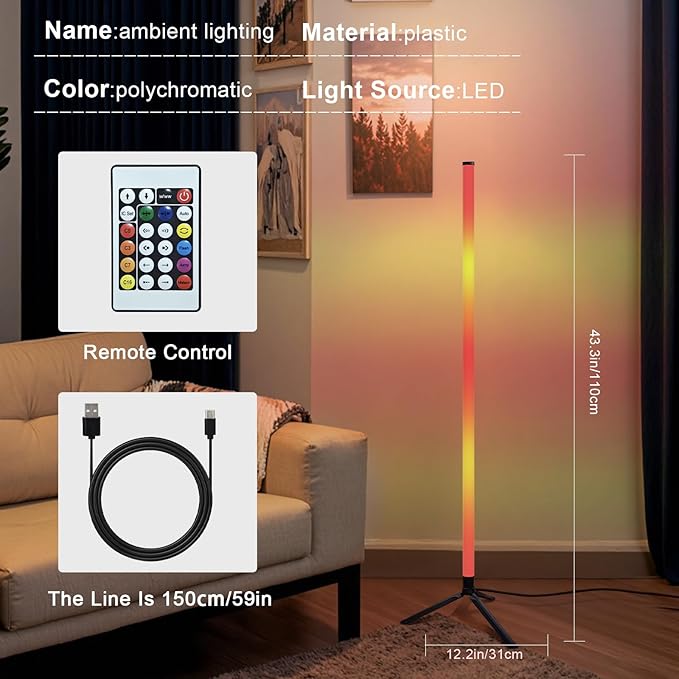 Corner Floor Lamp with Music Sync, Smart Modern LED Corner with Remote Control, RGB DIY LED Lamp Changing Ambience Light, Color Changing Standing Floor Lamp for Living Room Gaming Room