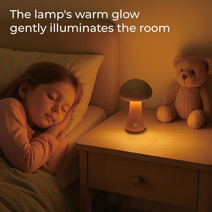 Mushroom Lamp, Rechargeable Touch Control Mushroom Night Light, Portable Dimmable Wooden Lamp for Kids Room, Bedroom, 6.3" H