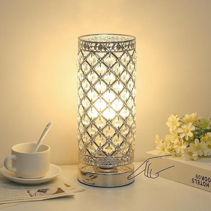Seaside village Crystal Table Lamp Touch Control Dimmable Accent Desk Lamp Bedside Modern Table Light with Silver Lamp Shade Night Light Fixture for Living Room Bedroom Kitchen