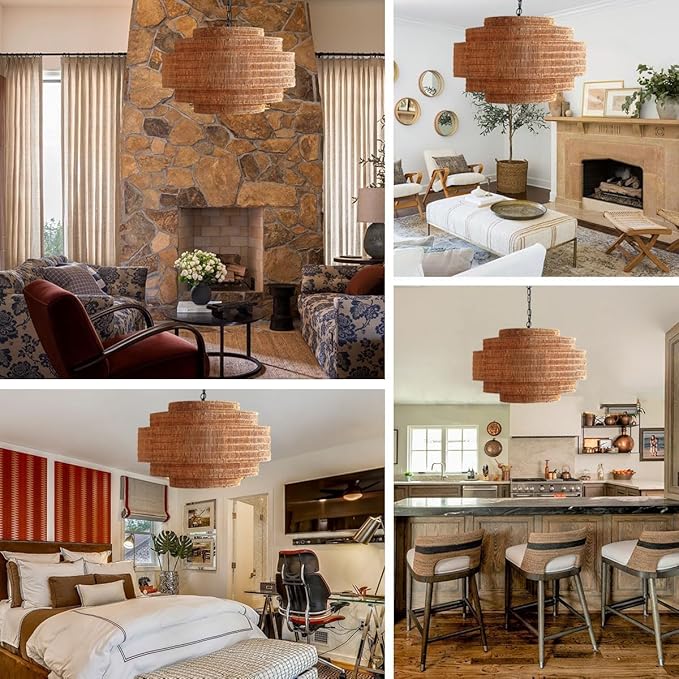 Foyer Chandelier 5-Light Rattan Chandelier Lighting Hand Woven Boho Wicker Hanging Pendant Light Fixture 23.6" Large Chandeliers for Dining Room Kitchen Living Room Bedroom