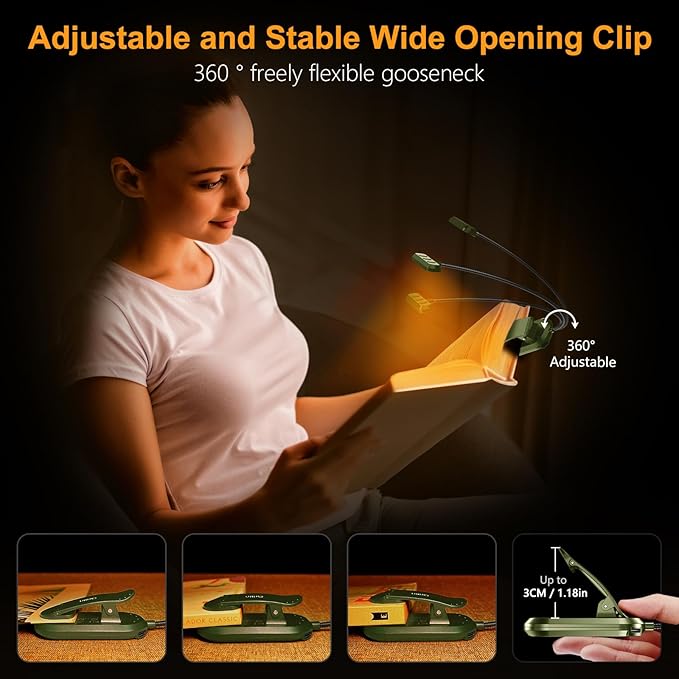 Gritin Rechargeable Book Light for Reading in Bed with 19 LED &Memory Function-Eye Caring 3 Color Temperatures,5 Brightness Levels,90 Hrs Runtime Flexible Goose Neck Clip on Light-Deep Green