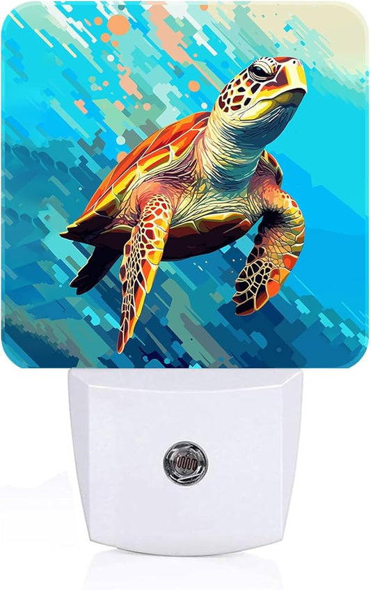 Watercolor Wild Turtle Night Light,Plug Into Wall for Boys Girls Bedroom Decorative Square Night Light Lamp 0.5w Sleep Friendly