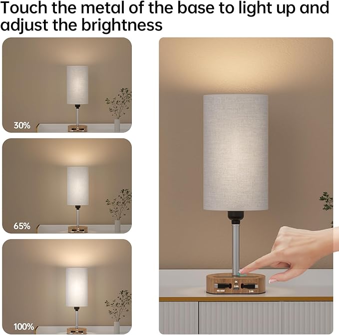 Bedside Table Lamps Set of 2, Desk Lamp with Charging Station 74W【2 * 3.94ft Retractable Cords & 2 USB Ports】, 3 Way Dimmable Touch Lamps for Nightstand (Grey-Wood Grain Set of 2)