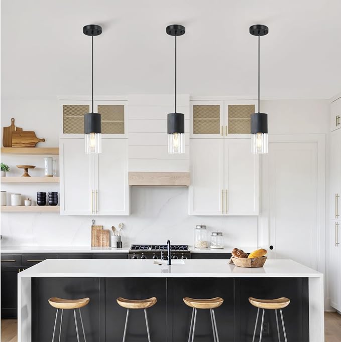 3-Pack Black Pendant Light Fixtures, Adjustable Modern Pendant Lights for Kitchen Island, Industrial Clear Glass Pendant Lights for Dining Table Hallway Bedroom Living Room