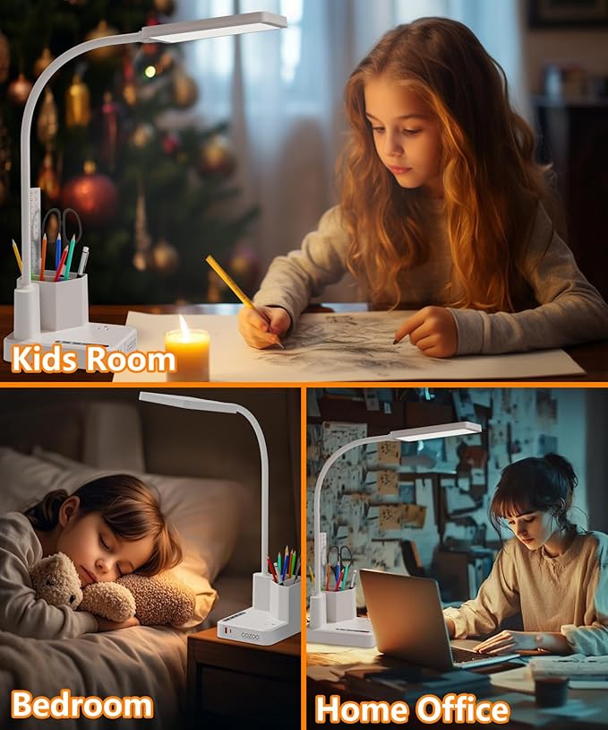 Desk Lamp, LED Desk Lamps for Home Office with 2 USB Charging Port/Outlet/Organizer,Desk Lamp for College Dorm Eye-Caring Study Light,Gooseneck Table Lamp with Pen Holders/Storage,9 Lighting Modes