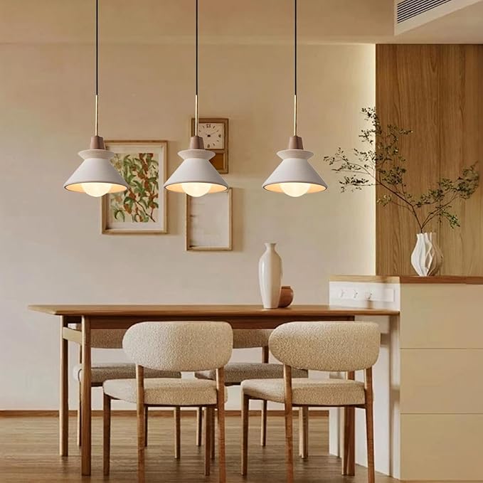 7.7" Plug in Concrete Pendant Light, Nordic Wabi Sabi Pendant Lamp with Wood Accent White Cement Pendant Light Minimalist Lamp for Living Room Bedside Kitchen Island Dining Room Apartment Dorm