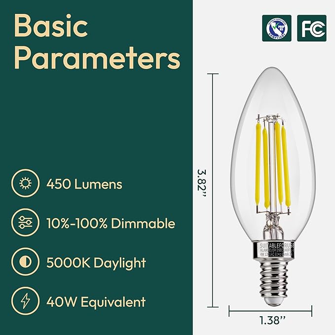 ALAMPEVER E12 Candelabra Bulb 40 Watt, B10 Chandelier Light Bulbs, Dimmable 5000K Daylight, 450LM, CRI90, 12 Pack