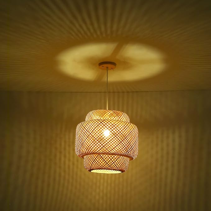 Bamboo Pendant Light - Boho Basket Chandelier Handmade Woven Pendant Light, Natural Wicker Rattan Hanging Chandelier for Kitchen Island Dining Room Living Room Porch