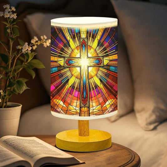 Cross Table Lamp LED 3-Color Pressed Bedside, Cross Shade Lamp with Wood Base for Bedroom Living Room Desk Office TL01