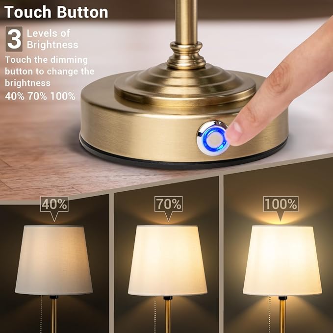 Rechargeable Cordless Table Lamp, Battery Powered Lamp,3 Level Brightness - Bedside Night Lamp, Ambient Light for Restaurant, Home, Bedroom, Dining Room, Camping, Cafe(Gold)
