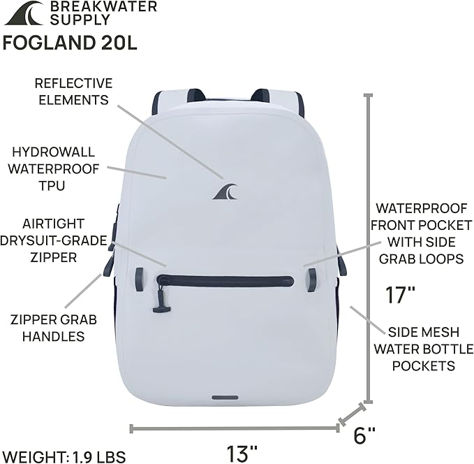 Breakwater Supply™ Waterproof IP68 Submersible Backpack with Airtight Zippers | Laptop Travel Outdoors | Fogland 25L 20L 15L | 100% Waterproof, Submersible, Airtight Zippers, Travel Outdoors