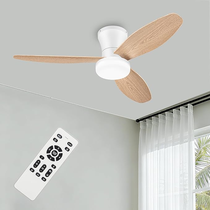 Small Ceiling Fan with Light - 42 Inch Flush Mount Ceiling Fan with Lights and Remote, Low Profile Ceiling Fans with 3 Reversible Blades, 6 Wind Speeds, White&Wood Ceiling Fans for Bedroom