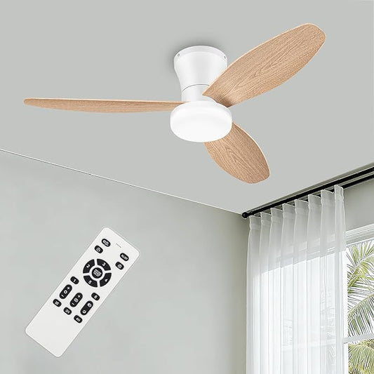 Small Ceiling Fan with Light - 42 Inch Flush Mount Ceiling Fan with Lights and Remote, Low Profile Ceiling Fans with 3 Reversible Blades, 6 Wind Speeds, White&Wood Ceiling Fans for Bedroom