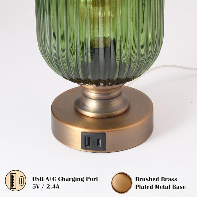Mid Century Glass Table Lamp,Dimmable Desk Lamp,LED Bulb Included,Touch Control & USB A+C Port,Green Ribbed Glass