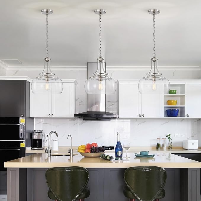 WUZUPS Chandelier Rustic Farmhouse Industrial Round Ceiling Pendant LED Light Fixture Clear Seeded Glass Shade for Dining Room Kitchen Island Foyer Entryway, H 17" x W 13.4", E26 Base, Brushed Nickel