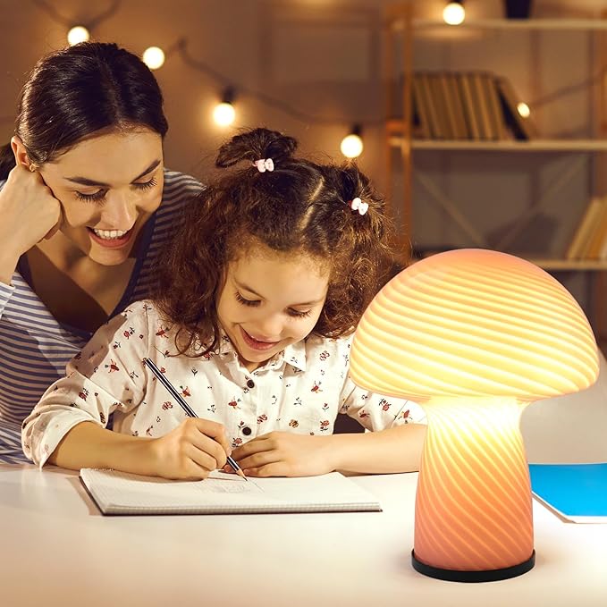 Mushroom lamp,Dimmable Glass Table Lamp,Vintage Style Table Lamp,Stripe Pink Bedside Desk lamp,Cute Table Lamps.（LED Bulbs Included）