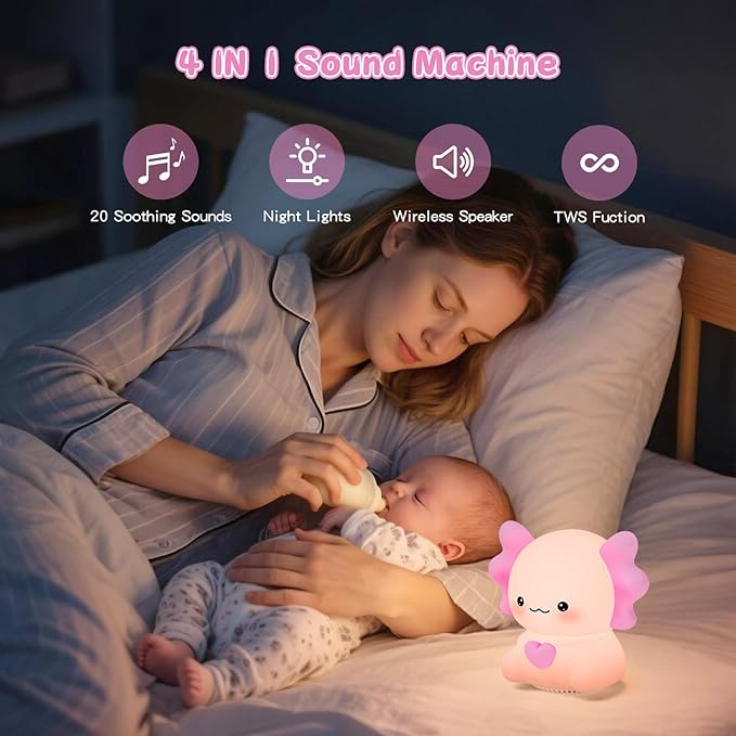 Axolotl Night Light with Sound Machine, Pink Silicone Touch Lamp, Wireless Speaker, Remote Control White Noise for Tinnitus Relief for Ringing Ears, Soft Touch Lamp