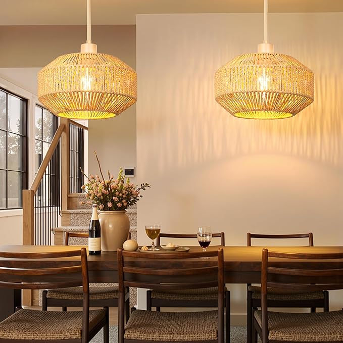 Rattan Pendant Light Plug in - 15ft Hanging Lamp Cord with Switch, Boho Hanging Light Fixture, Handwoven Boho Lamp for Living Room, Bedroom, Kitchen Island, Hallway (3 Brightness Levels)