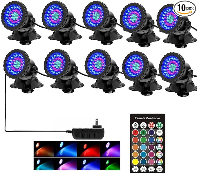 SHOYO Pond Lights Color Changing Spotlights with Timer, Submersible Fountain Lights Memory Dim Adjustable IP68 Waterproof Underwater RGB for Outdoor Garden Yard Lawn Water Pond Fountain (Set of 10)