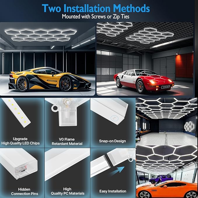 58Lights LED Hexagon Honeycomb Lights,14-Hex Honeycomb Lights 68800Lumens Hexagon DIY Super Bright Car Detailing Ceiling 688W LED Shop Light for Warehouse Workshop Gym Basement