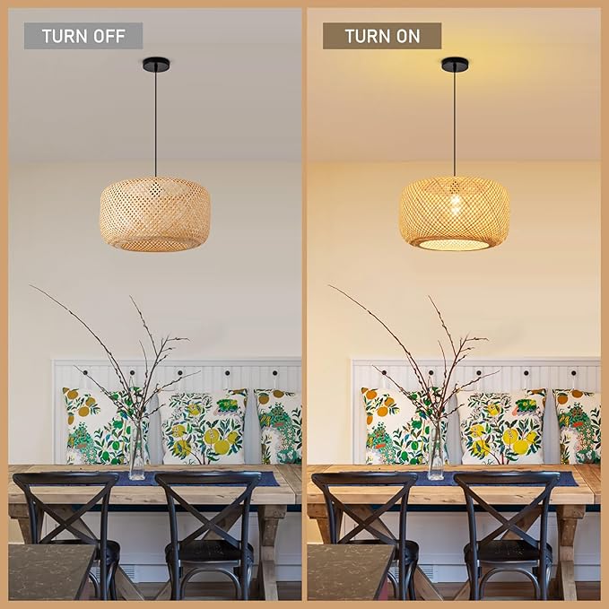 17.72in Bamboo Pendant Light Rattan Wicker Hand Woven Lighting Fixture Boho Coastal Beach Chandelier Hanging Basket Lights for Kitchen Island Dining Room Restaurant Hallway Foyer