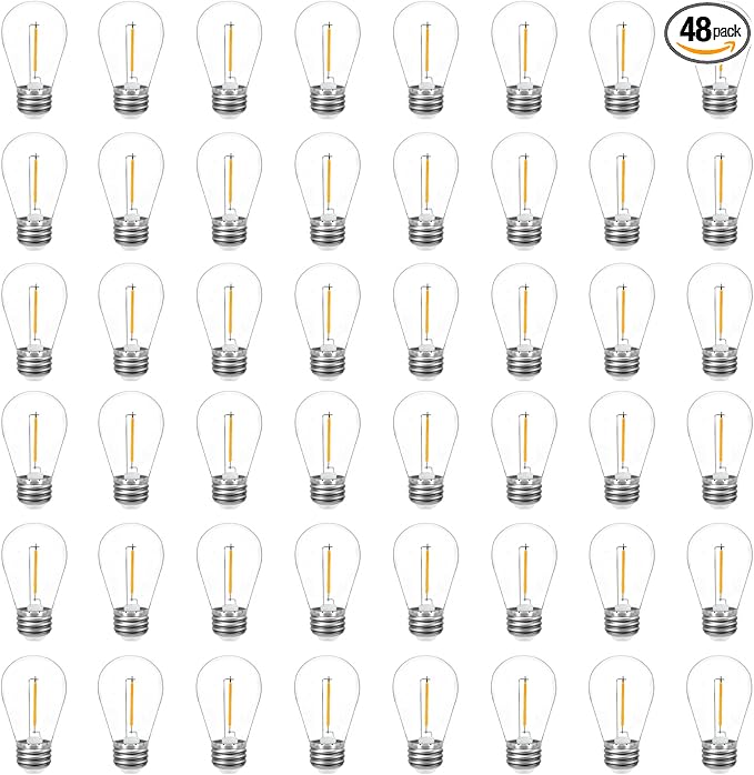 48-Pack S14 Replacement Light Bulbs for Outdoor String Light, Waterproof, E26,120V, 1Watt, Warm White 2200K, 70Lm, Non-Dimmable