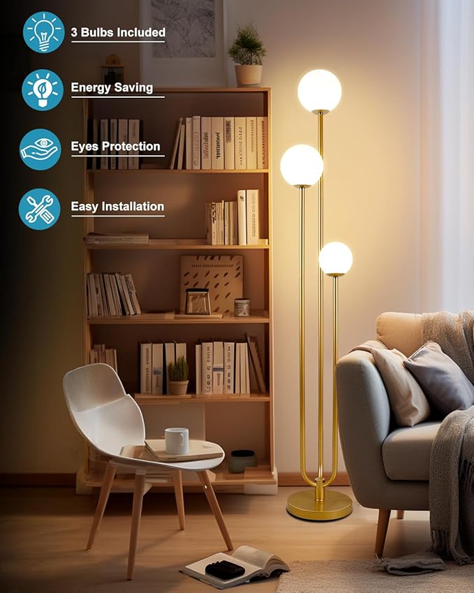 Lightdot Globe Floor Lamp for Living Room Mid Century Modern Floor Lamps with 3000K Warm White Bulbs Included, Unique Gold Tall Standing Lamps for Wedding/Party/Bedroom/Sofa Beside/Corner Decor