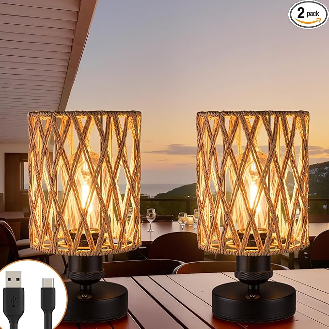 Cordless Outdoor Table Lamps, Small Rattan Boho, Rechargeable Battery Operated for Outdoor Patio, Home, Living Room, Bedroom, Bedside - Set of 2 (Beige-A)