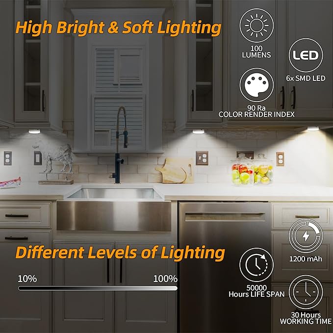 Puck Lights with Remote Control, Under Cabinet Lighting with Magnetic, Cordless, 1200mAh Rechargeable Stick On Lights for Under Cabinet, Hallway, Stairway, Closet (Warm White, 6pcs)