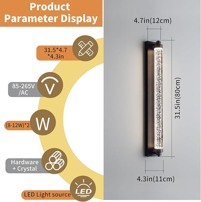 Bubble Crystal Outdoor Wall Lights, 31.4inch LED Modern Wall Mounted Sconce, 3000K-6500K Dimmable Waterproof Outside Lighting Fixtures for House, Porch, Garage, Garden, Bathroom, Indoor