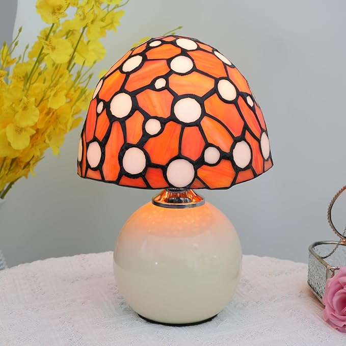Orange Mushroom Lamp Bedroom Bedside retro Decor Art Nightstand unique Led Small Night Light Unique Esthetic Cute Kids Girls Vintage Home Ceramic Desk Tiffany Style Stained Glass Table Lamps