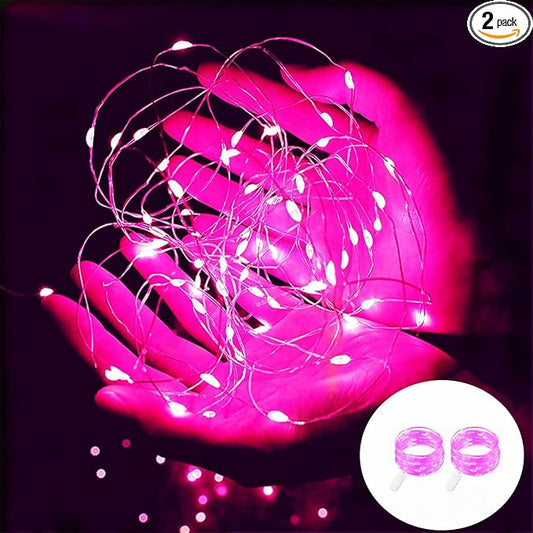 Valentine's Day Pink String Lights Battery Powered 7Ft 20 LED Waterproof Silver Copper Wire Fairy Lights, Diwali Halloween Christmas Home Party Wedding Girls Room Decorations-2Pack