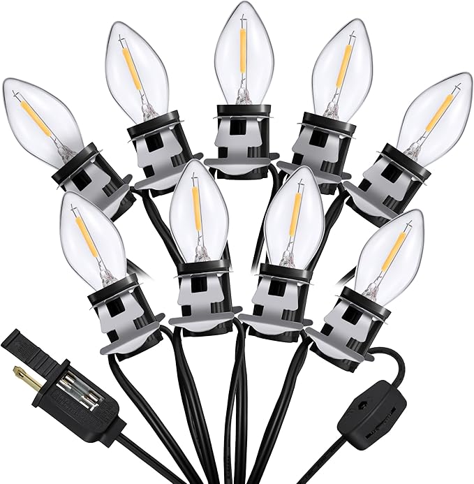 Meonum Accessory Cord with 9 LED Light Bulb, 16.4Ft C7 Christmas Village Lights Cord with Clip, Blow Mold Lights for Christmas String Lights, Village House Holiday Decoration(Black)