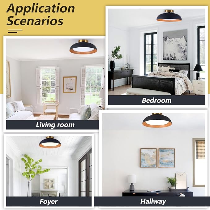 Bargeni Flush Mount Ceiling Light,12.5 inch LED Ceiling Light Fixture,5CCT Dimmable/2700K-6000K/20W, Matte Black with Wood Accent,Mid Century Light Fixtures Ceiling Mount,ETL Certified