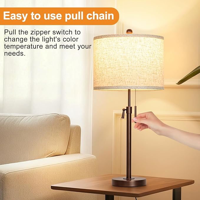 Table Lamps for Bedrooms Set of 2: 22" to 30" Height Adjustable Nightstand Lamps with White Linen Shade | Pull Chain Switch | Marble Base - 3 Way Dimmable Beside Lamp (Brown)