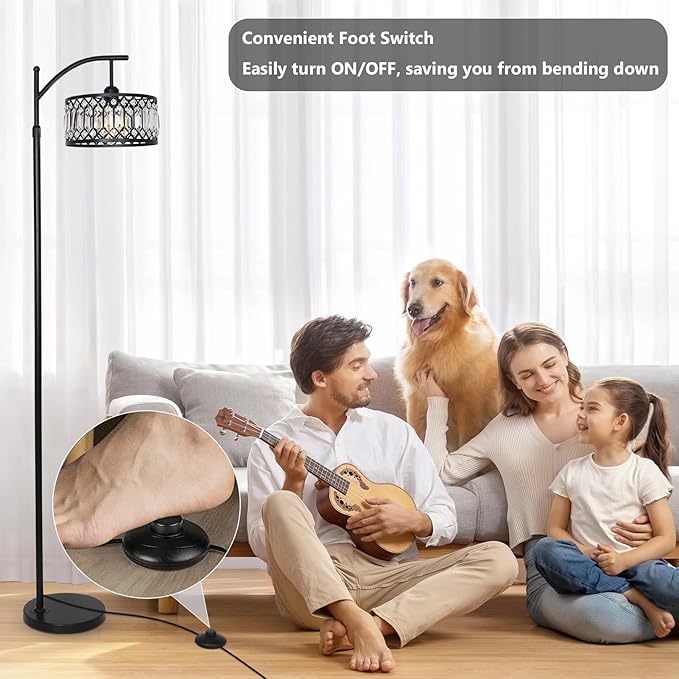 Crystal Floor Lamps for Living Room, Modern Arc Floor Lamp, Black Standing Lamp with Edison Bulb, Height Adjustable Tall Lamp for Bedroom, Corner Stand Up Lamp for Office, Arched Reading Light